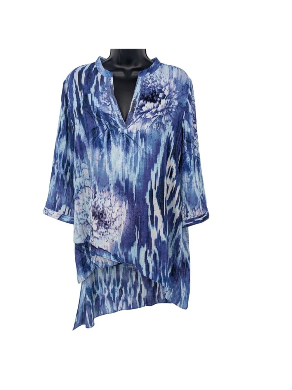 Abstract Floral Layered Tunic Top Sequin Asymmetrical Hem Artsy‎ Resort Large
